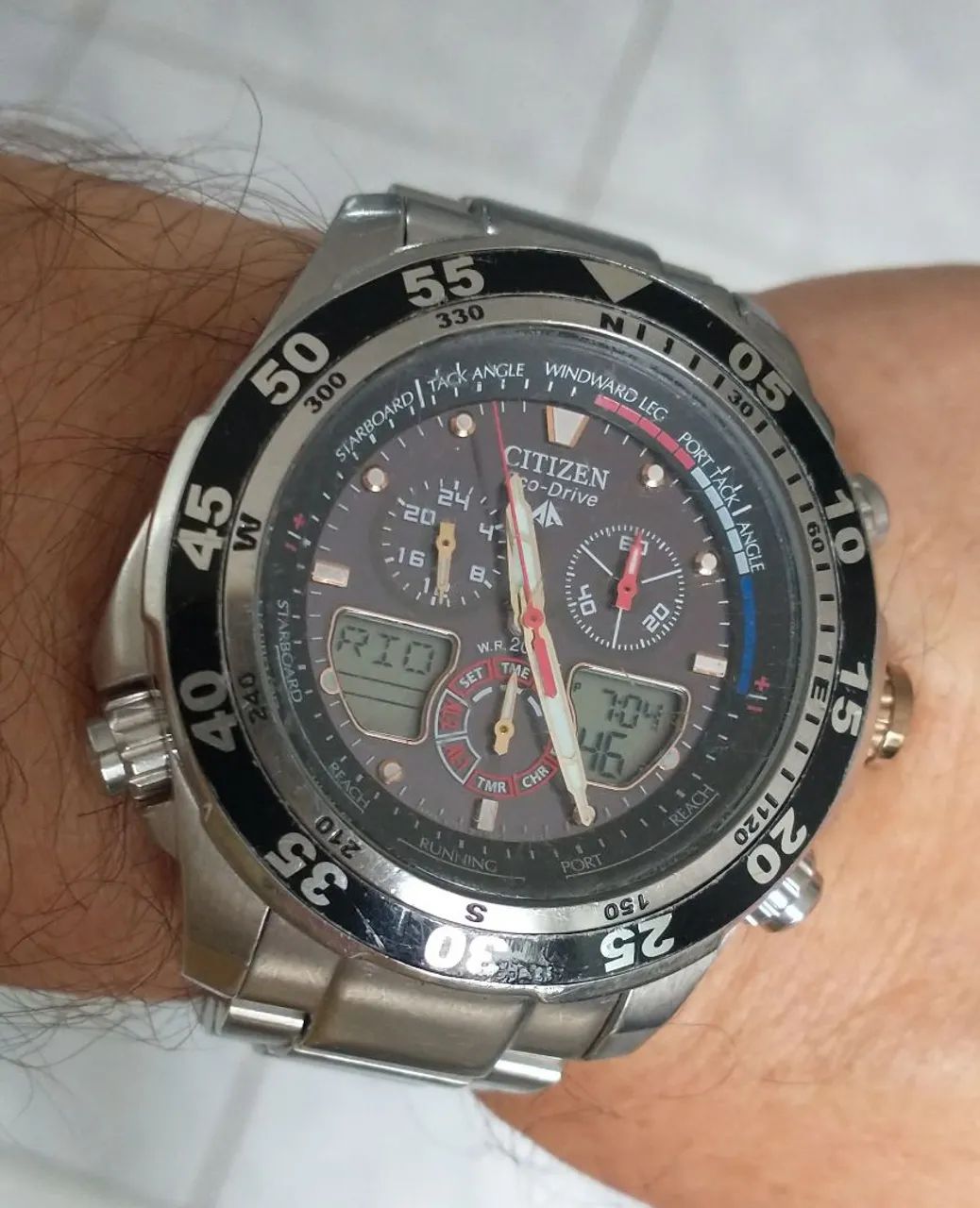 Relógio Citizen Eco-Drive aviador hora mundial masculino antigo raridade