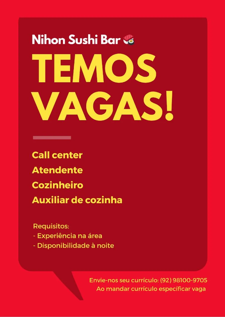 Precisa-se de atendente, call-center, cozinheiro e auxiliar de cozinha