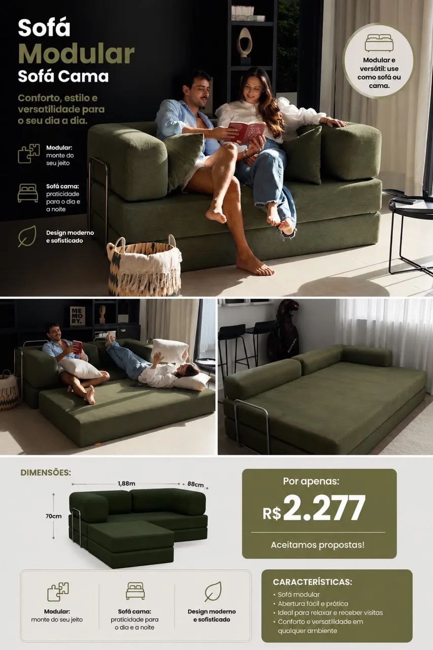 Sofá Modular Sofá Cama: conforto e estilo. Versatilidade no seu dia a dia. 