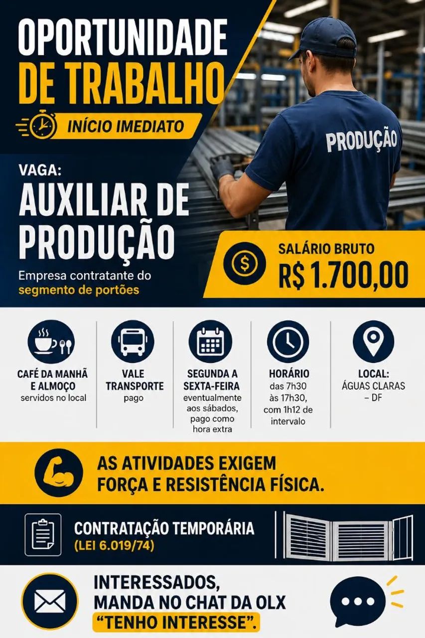 OPORTUNIDADE DE TRABALHO - INÍCIO IMEDIATO.
