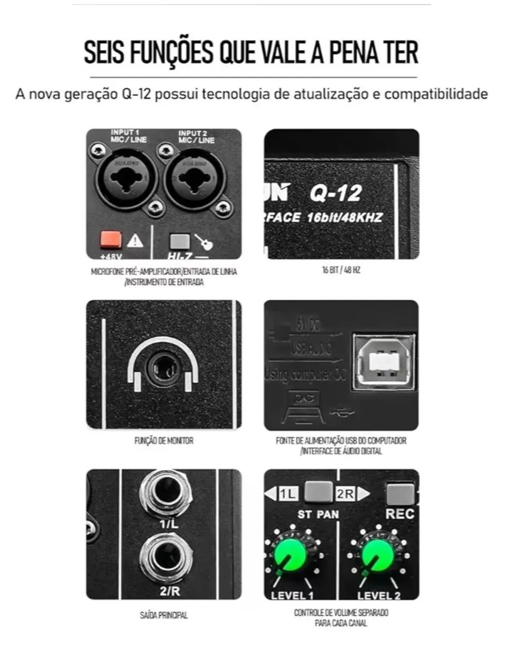 Interface de Áudio Teyun Q12 USB Placa de Som 48V Phantom - Foto 5