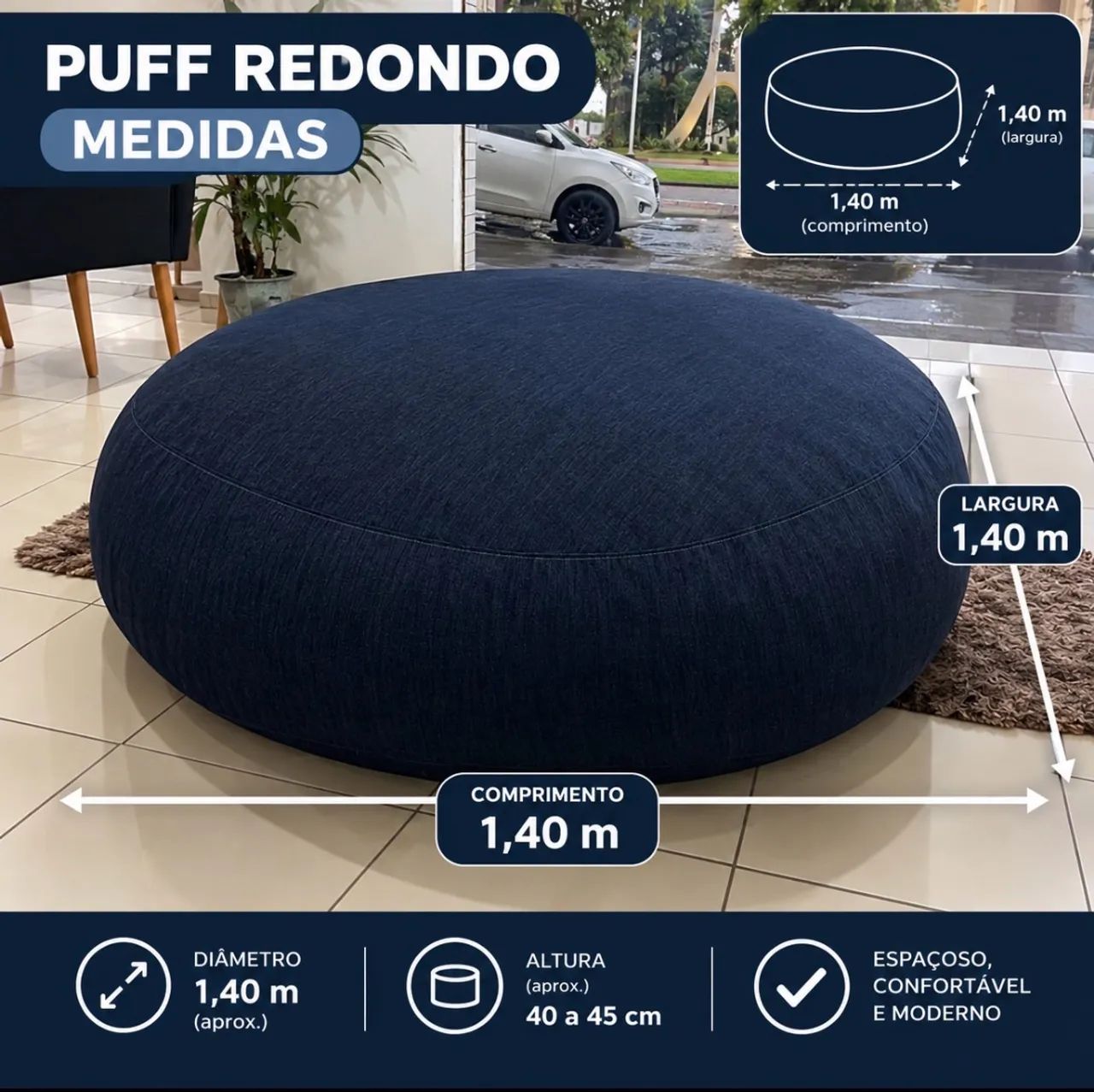 Puff Redondo Gigante Azul-Marinho 1,40m para Sala e Quarto