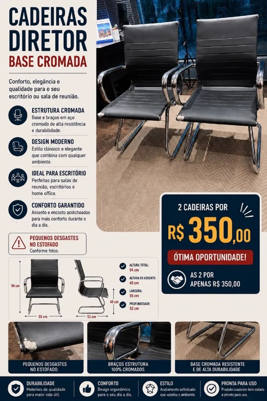 2 Cadeiras diretor base cromada