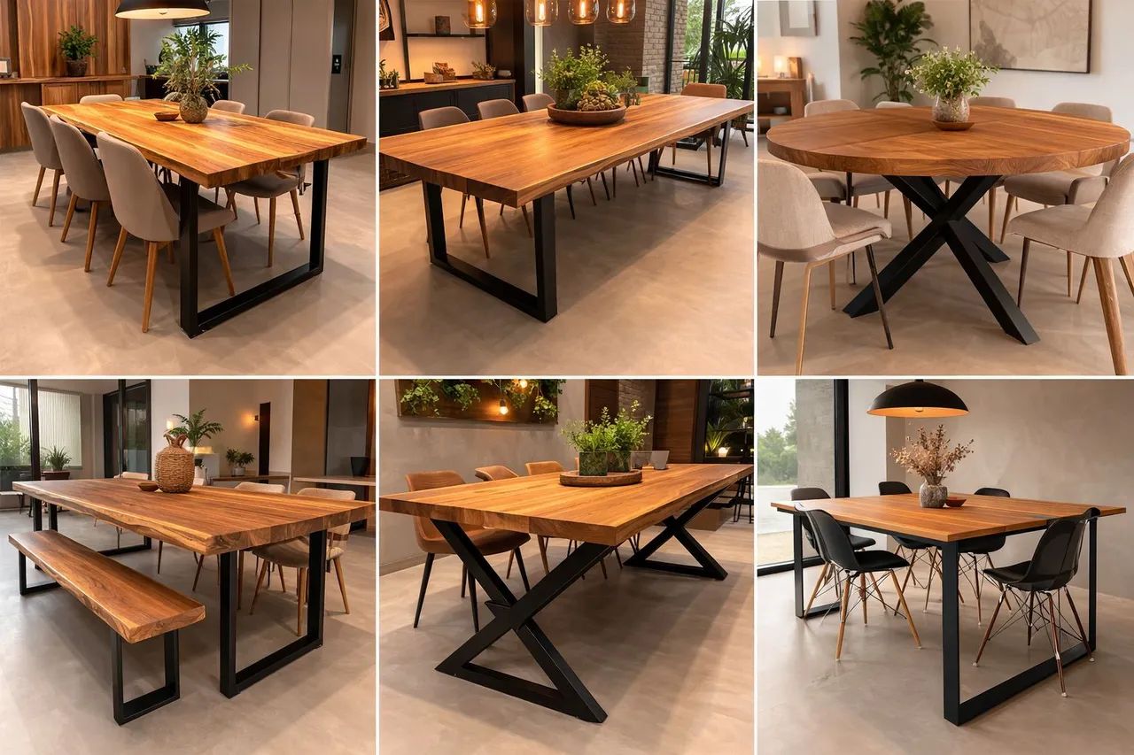 Fabricação de  mesas de madeira com pés de ferro sob medida.
