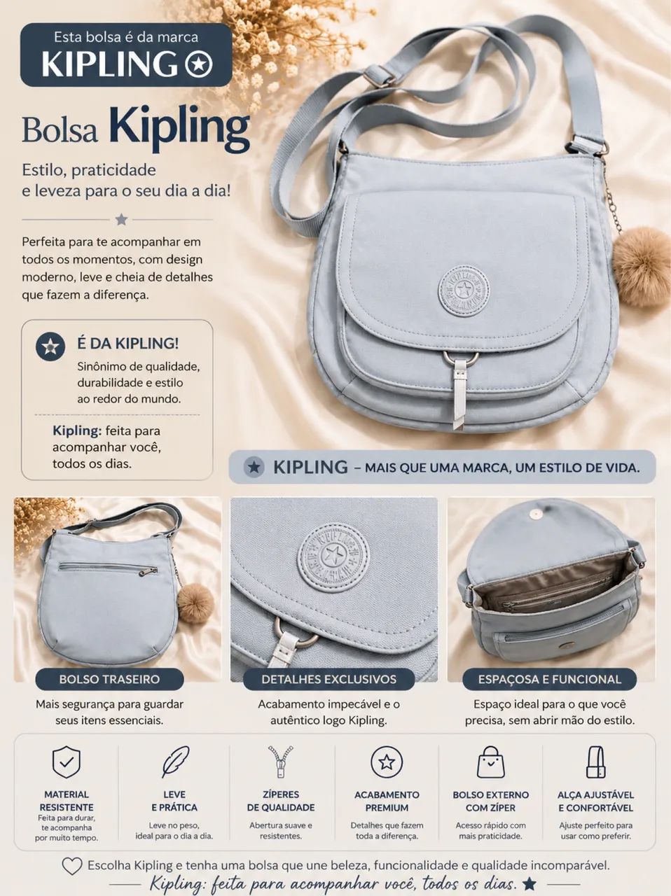 Bolsa Kipling Original Azul Claro | Delicada, Leve e Funcional