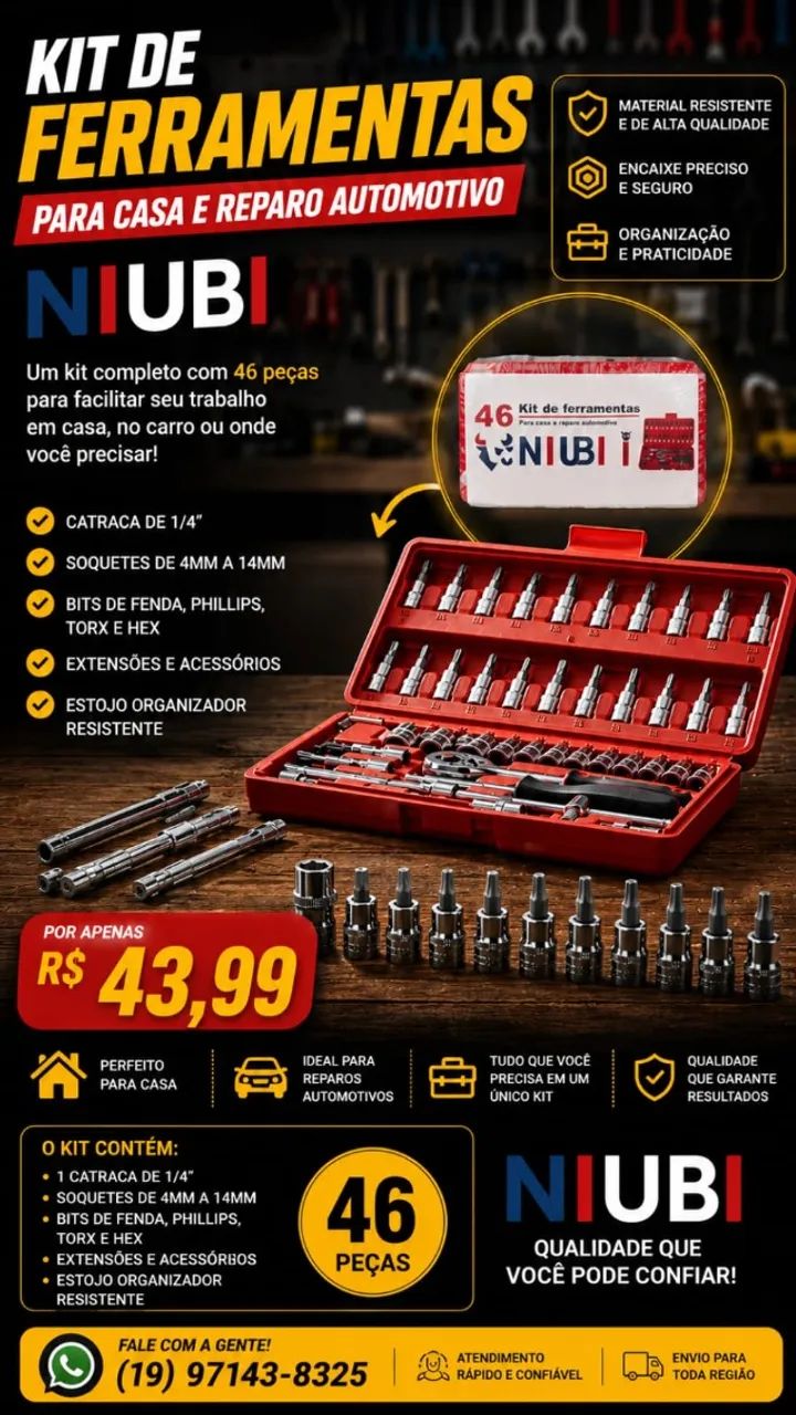 Kit Ferramentas 46 Peças NIUBI Com Catraca Reversível Soquetes Bits Maleta Automotiva e Re - Foto 3