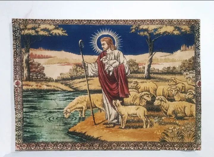 Quadro Tapeçaria felpudo antiga jesus bom pastor ovelhas oriental