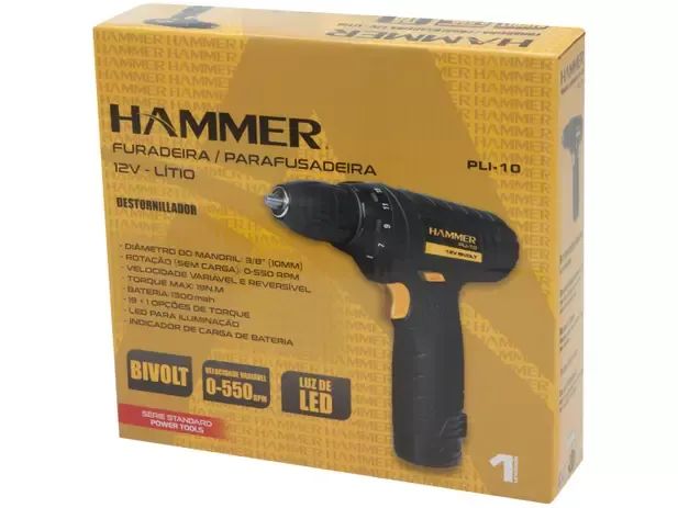 Furadeira e Parafusadeira a Bateria Hammer 12V - Velocidade Variável e Reversível 3/8?