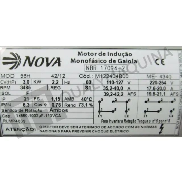 Motor elétrico Nova Motores monofásico 3 cv 2 pólos (Alta rotação 3485 rpm) - Foto 2