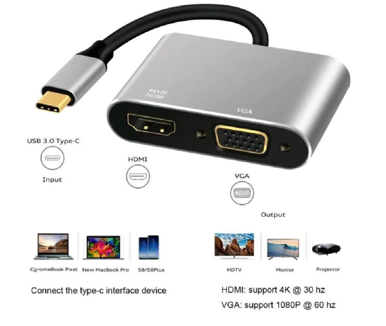 Hub USB-C 4 em 1 - HDMI, VGA, USB 3.0 e PD 100W - Foto 2