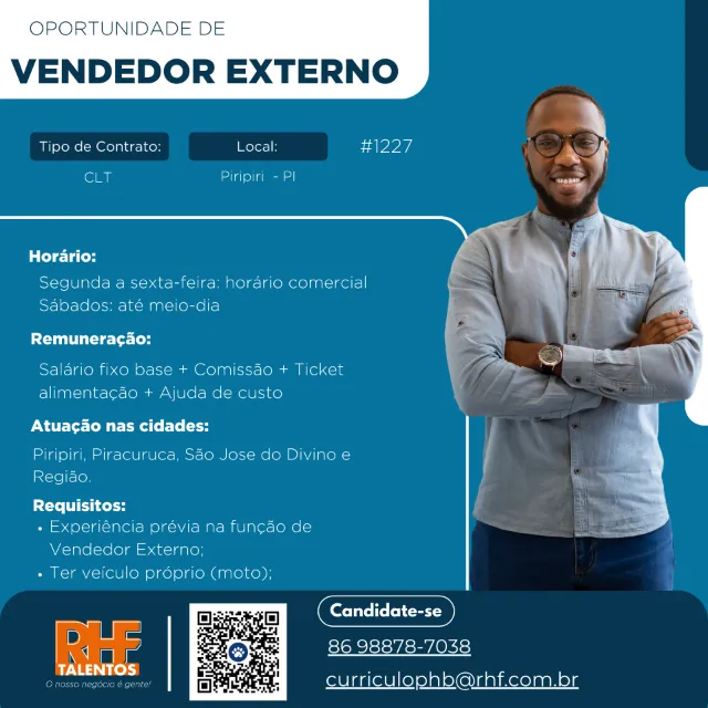 VAGA DE EMPREGO PARA VENDEDOR EXTERNO EM PIRIPIRI