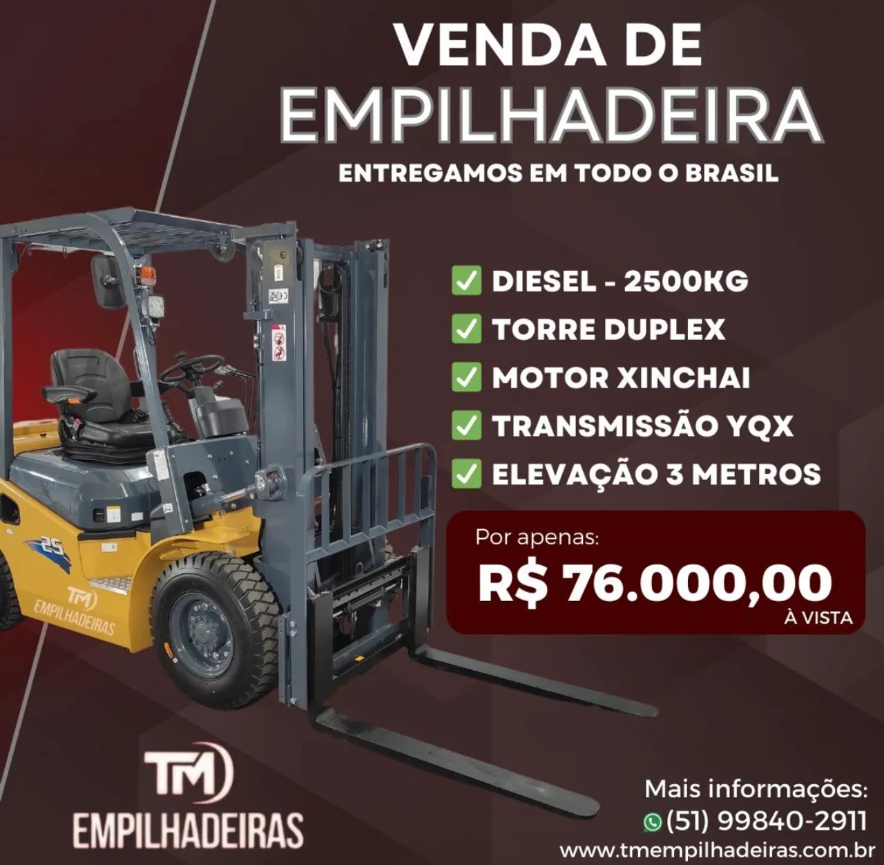 Empilhadeira nova Diesel 2500KG - Entrega em todo Brasil