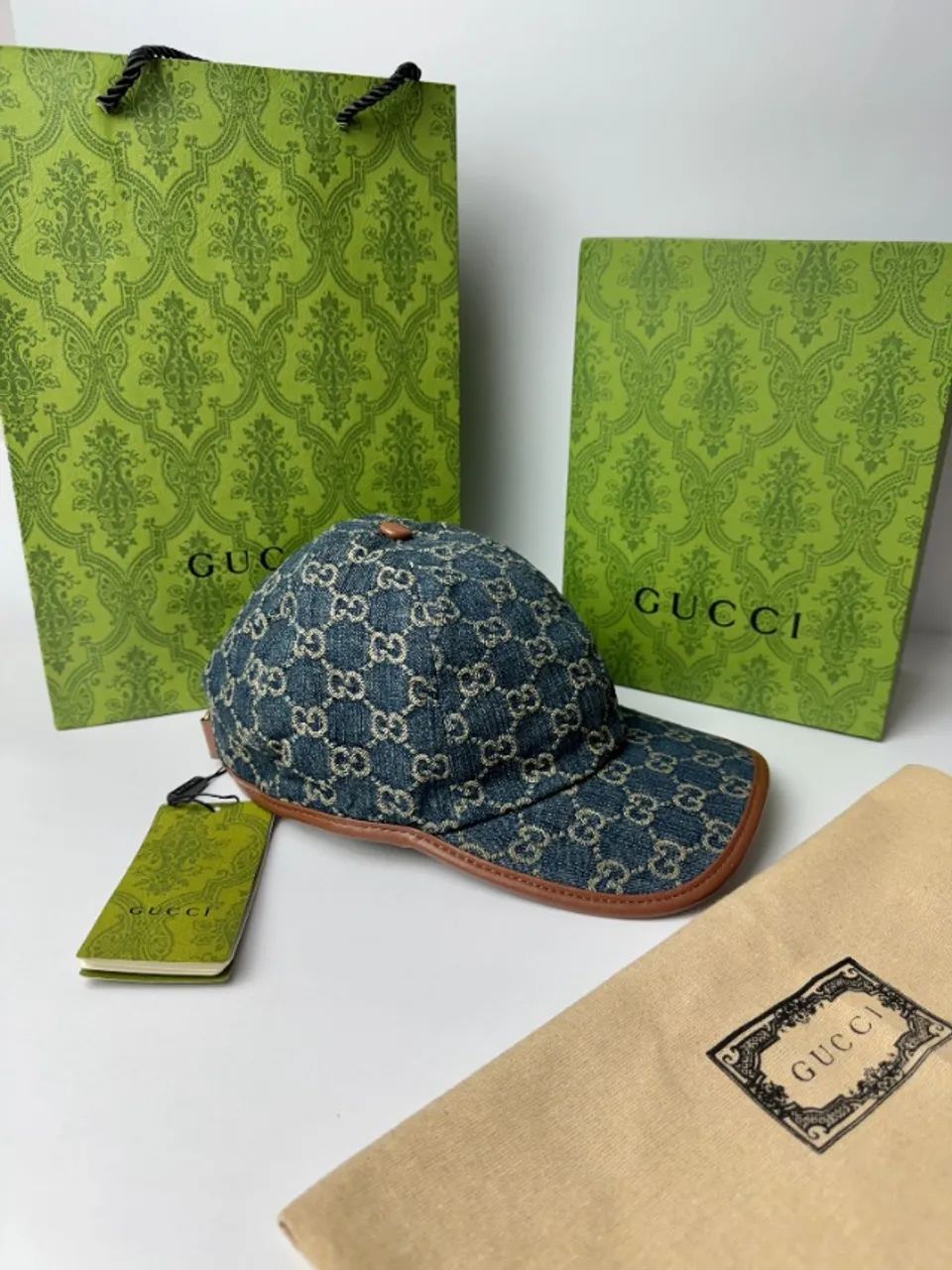 Boné Gucci GG Monogram Denim Leather Trim ( Jeans )