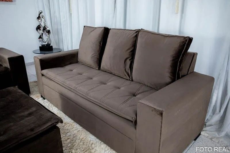 Conjunto de Sofás 2 e 3 Lugares com Puff Veludo Marrom - Foto 2