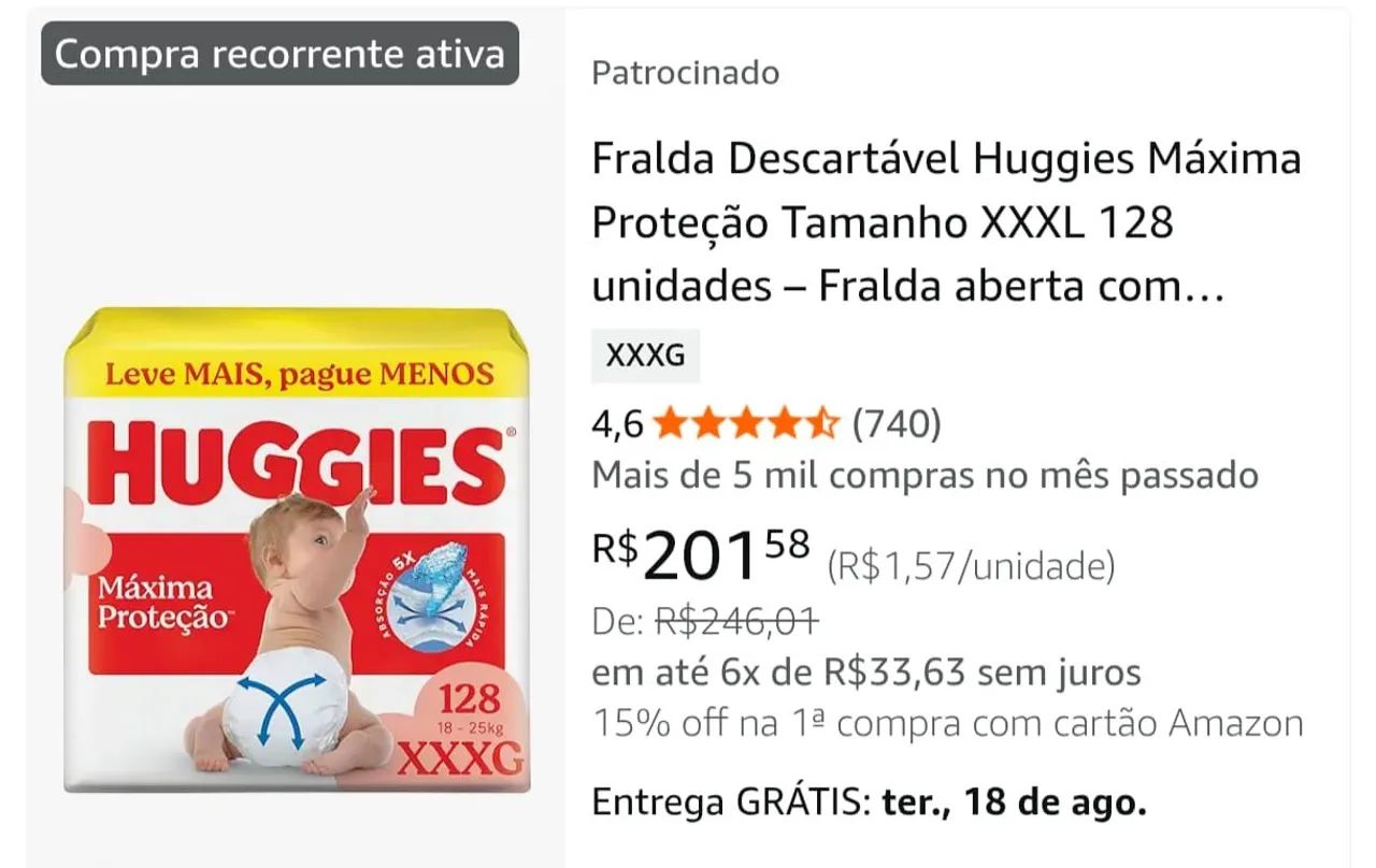 02 pcts fralda Huggies com 128unid cada