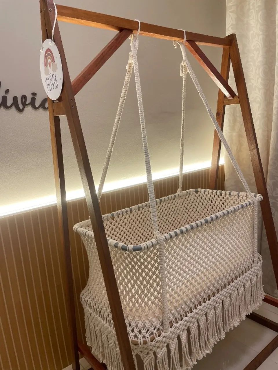Berço de Macramê + Suporte de Madeira - Estilo Boho | Impermeabilizado
