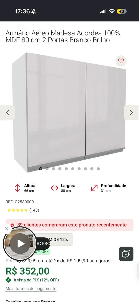 Armário aéreo 80cm