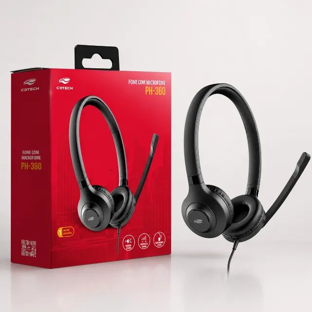 Headset USB C3Tech PH-360BK com microfone e cancelamento de ruído