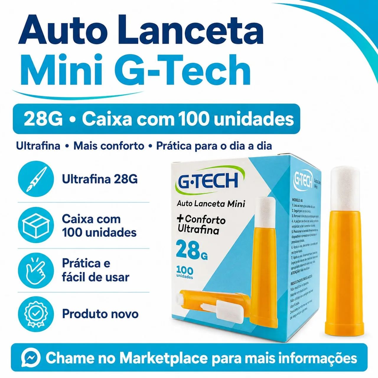 Auto Lanceta G-Tech Mini 28G - Caixa com 100 Unidades