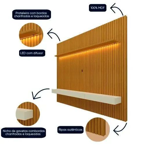 Painel para TV até 90 Polegadas 229x250cm Ripado com LED 3 Gavetas 100% MDF - Gelius - Foto 5