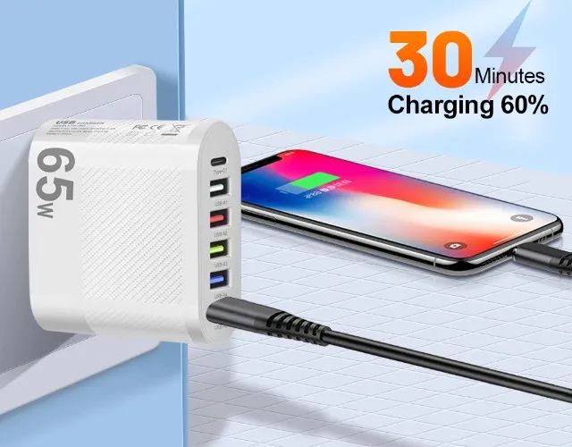 carregador turbo 65w  5 portas usb 1porta tipo c profissional lyk-881- branco