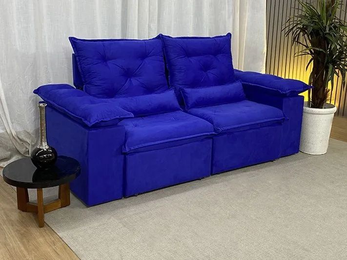 Sofá Retrátil Reclinável 2 Metros Veludinho Azul - Foto 2