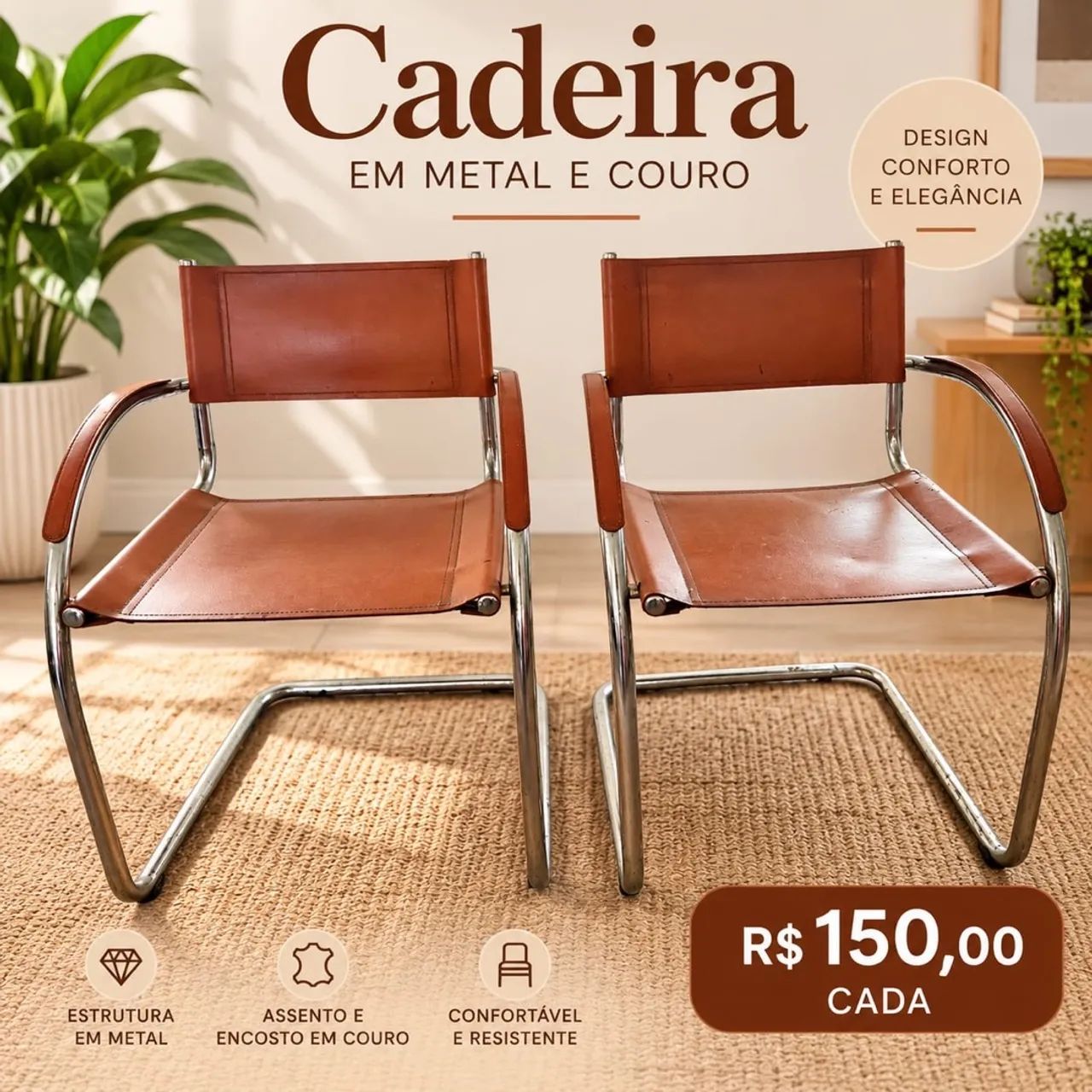 Cadeira em metal e couro 