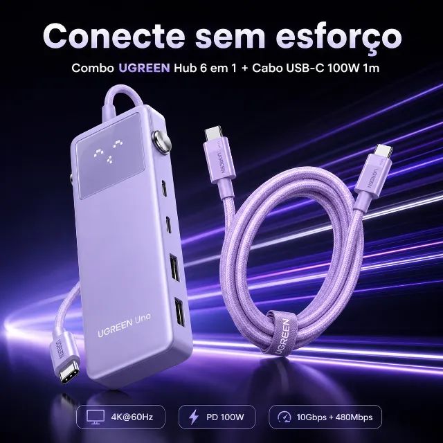 Kit Hub UGREEN Uno 6 em 1 Roxo + Cabo USB-C 100W 1m - Foto 3