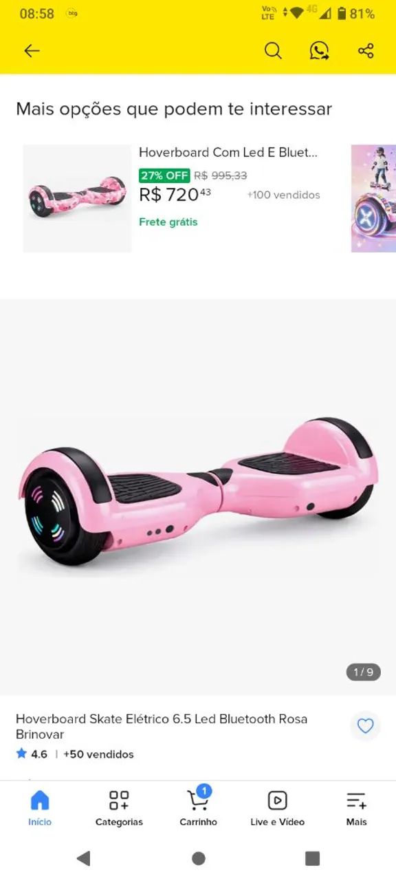 Skate elétrico hoverboard 6.5" rosa com bluetooth