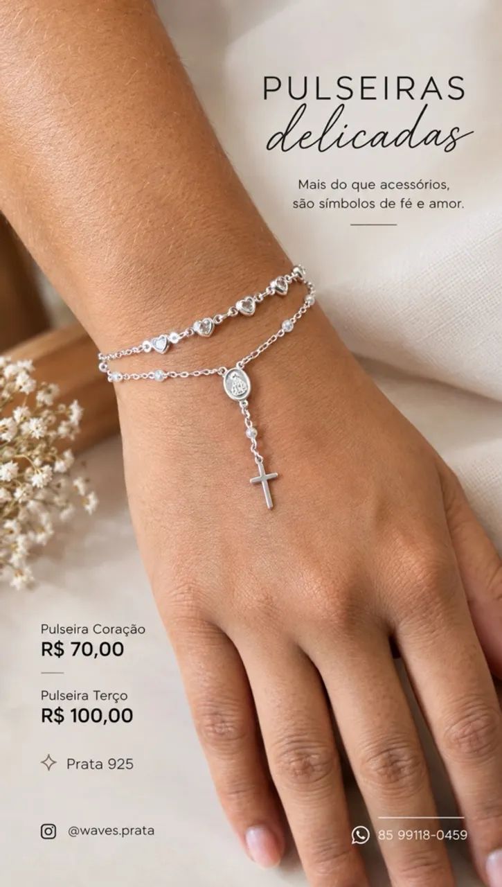 Pulseira Coração e Terço Prata 925