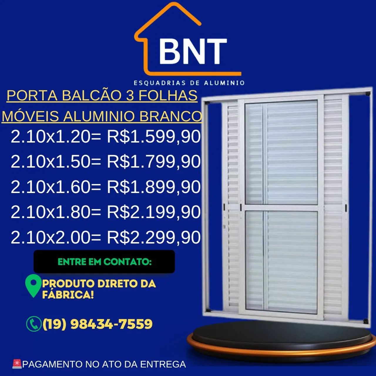 PORTA BALCÃO 3 FOLHAS MÓVEIS ALUMÍNIO BRANCO 2.10X1.50