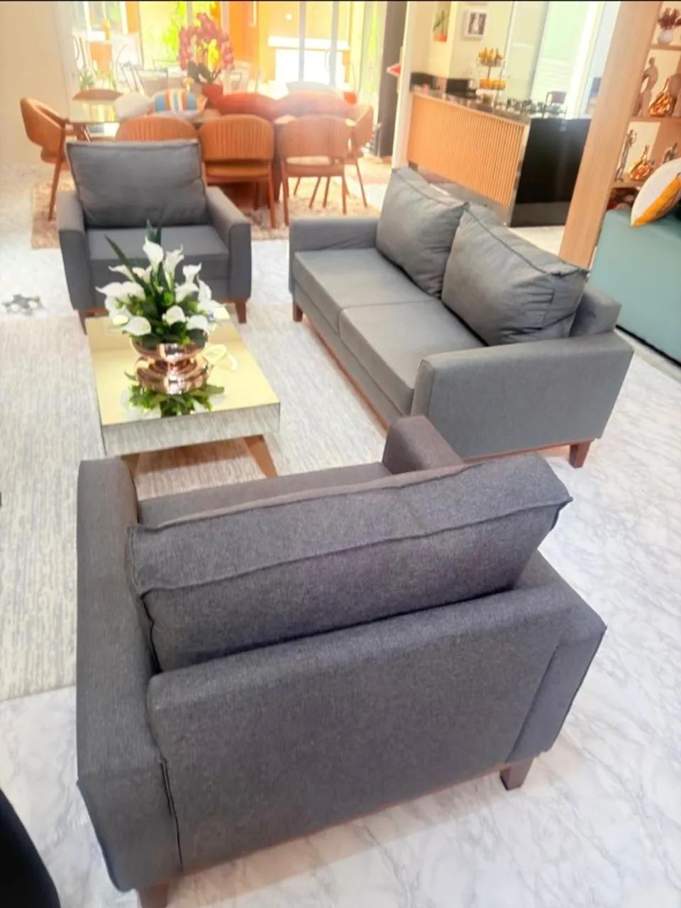 Conjunto Sofá 3 Lugares Istambul Com 2 Poltronas em Linho Cinza