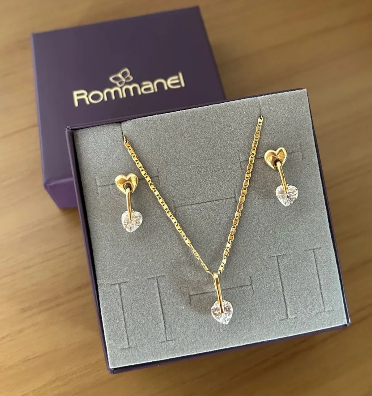 conjunto rommanel colar e brincos coração zircônia
