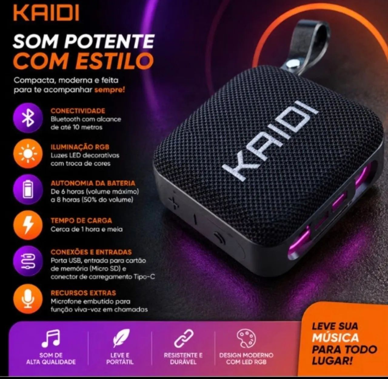 Caixa de Som Bluetooth KAIDI Portátil 