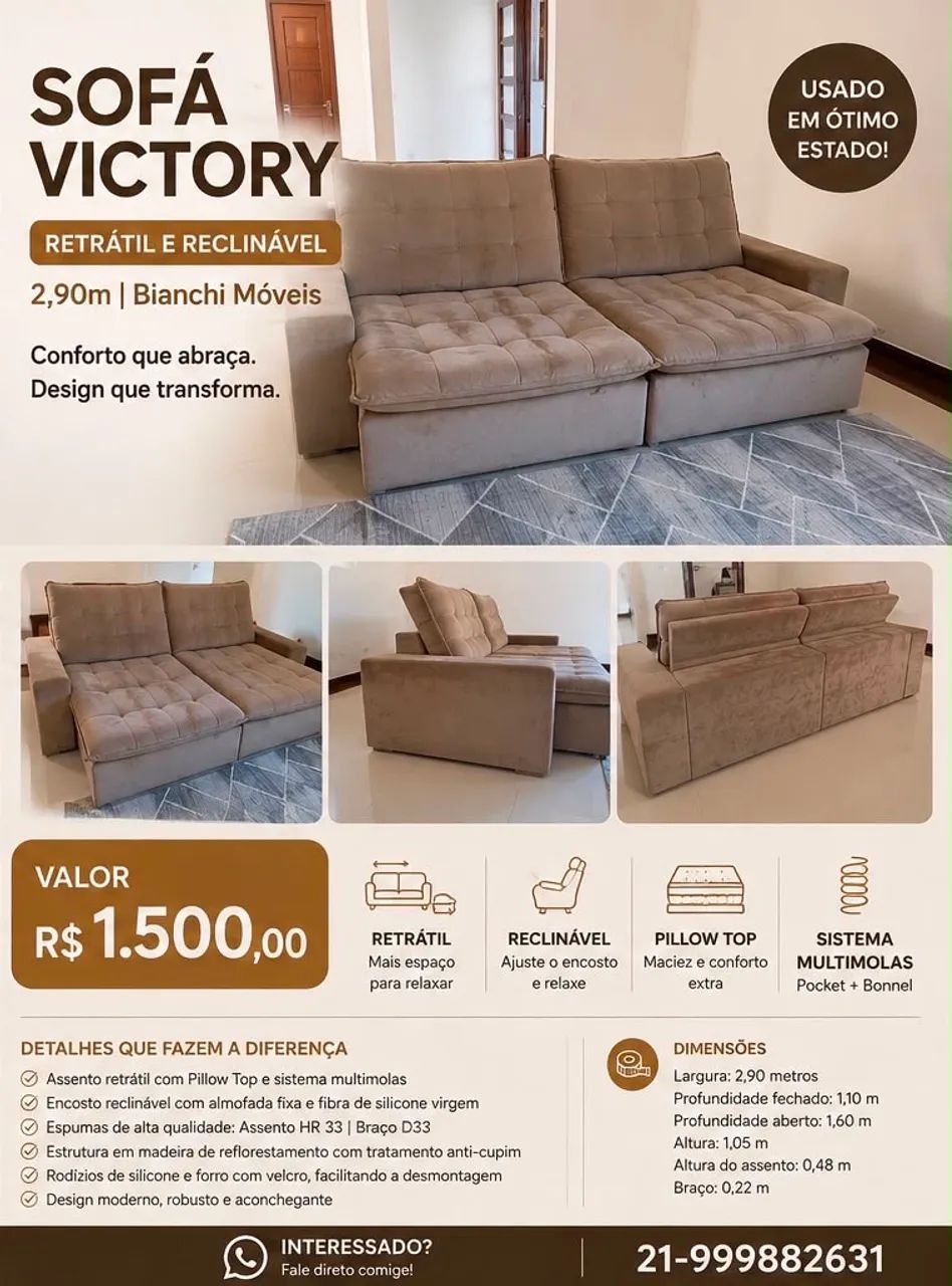 Sofá 2,9m Victory da Bianchi Móveis