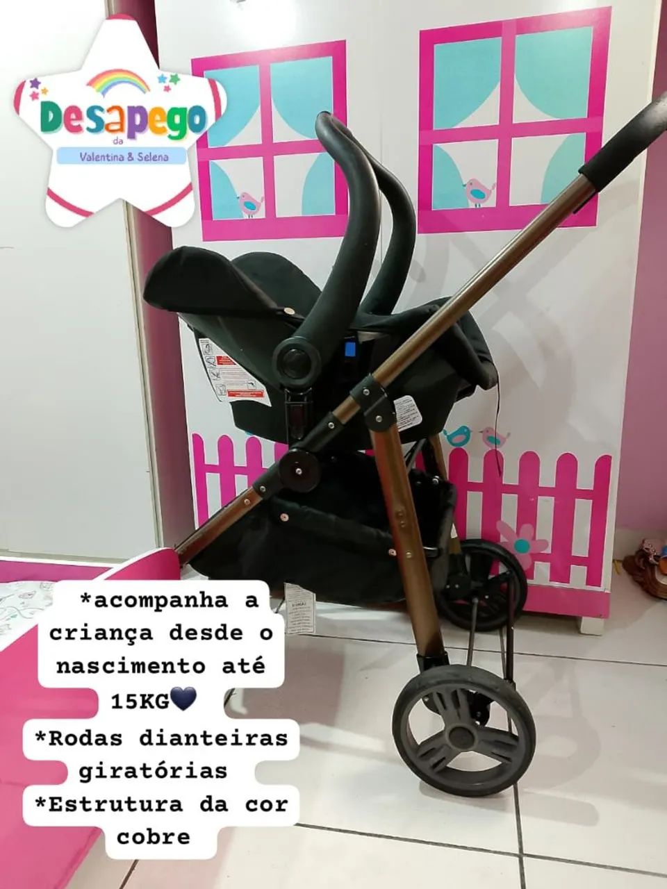 Kit Carrinho de bebê Moisés 3em1+ Bebê conforto Preto Napoli Galzerano Bem Conservado ? - Foto 6