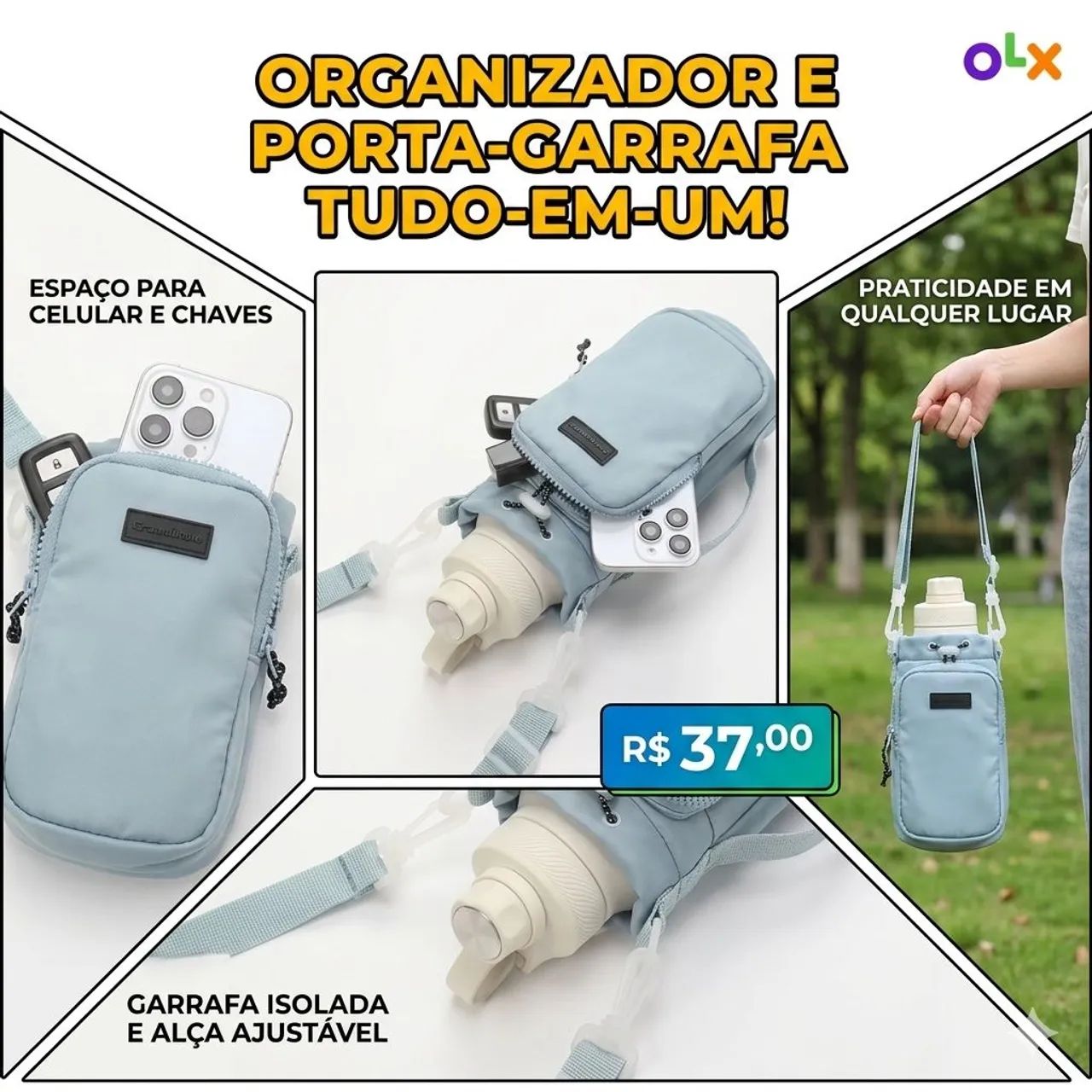 Porta Garrafa De Água Térmico Bolsa Lateral Com Alça E Bolso Para Celular