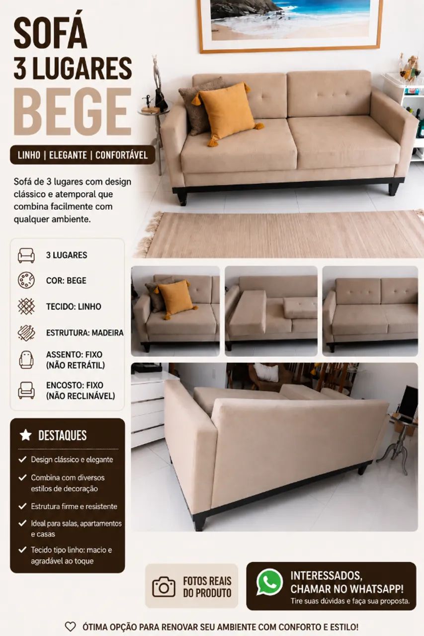 Sofá 03 lugares Bege