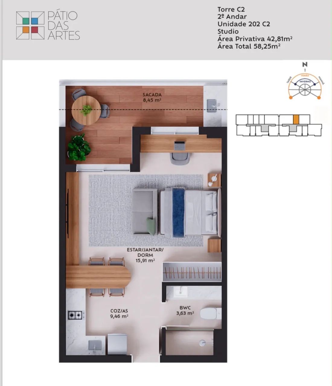 Studio com sacada no Pátio das Artes | 42,81m² | Face Norte | Pedra Branca - Foto 3