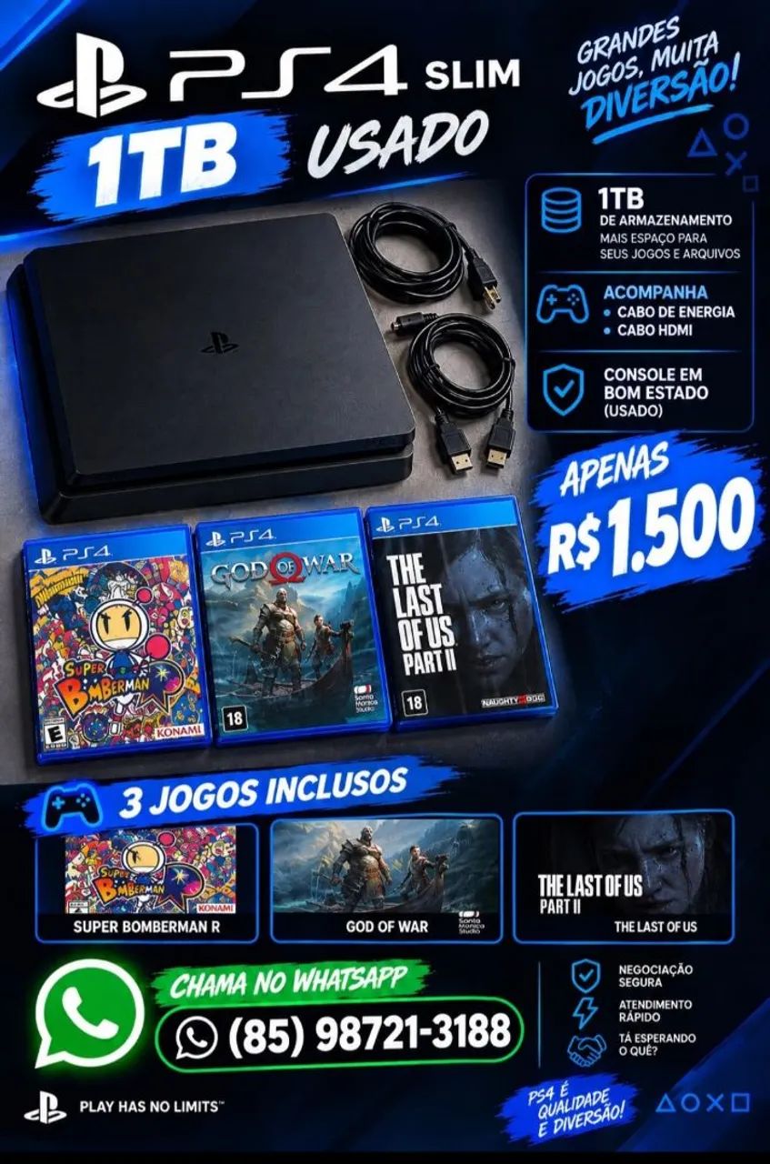 PS4 SLIM 1TB + 3 JOGOS + CABOS HDMI E FORÇA  - Foto 3