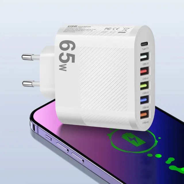 carregador turbo 65w  5 portas usb 1porta tipo c profissional lyk-881- branco - Foto 3