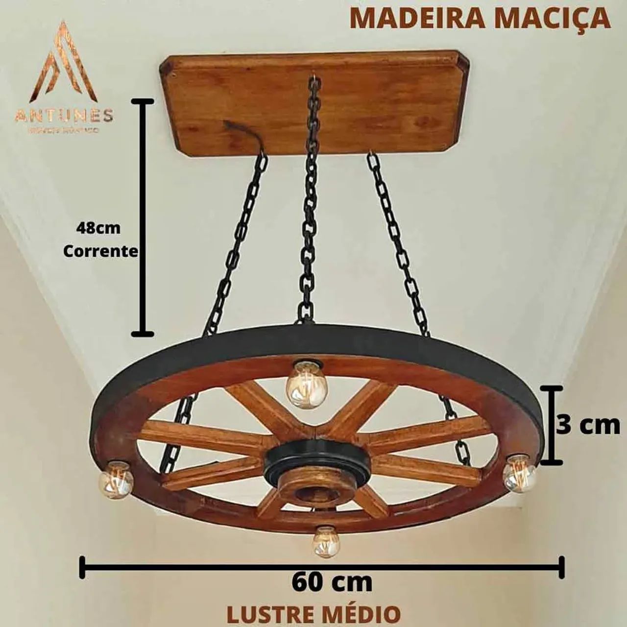 Lustre Retrô Roda De Carroça Rústico 60cm Diâmetro P/4 (Lâmpadas Luminária Rústica)