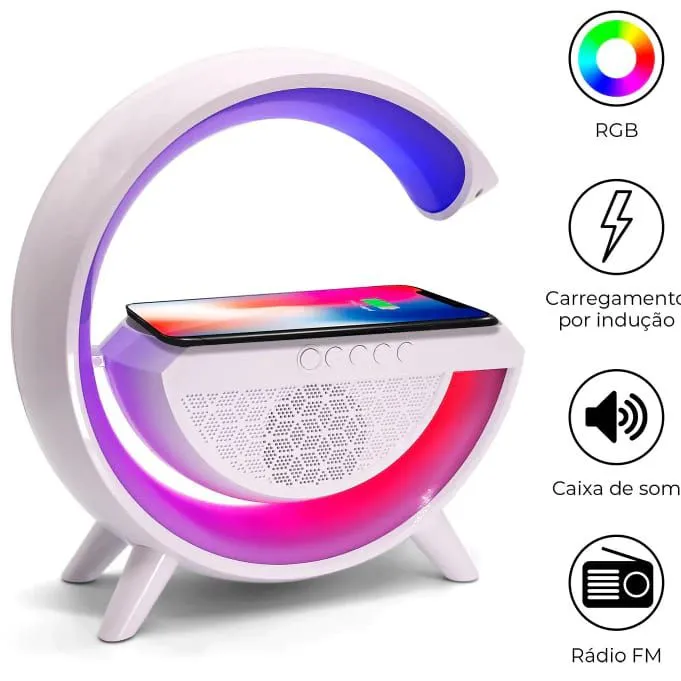 Luminária multifuncional carregador por indução rádio bluetooth led RGB