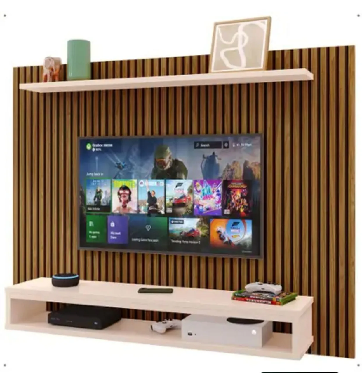 Painel de TV Moderno com Prateleiras e Detalhes Amadeirados