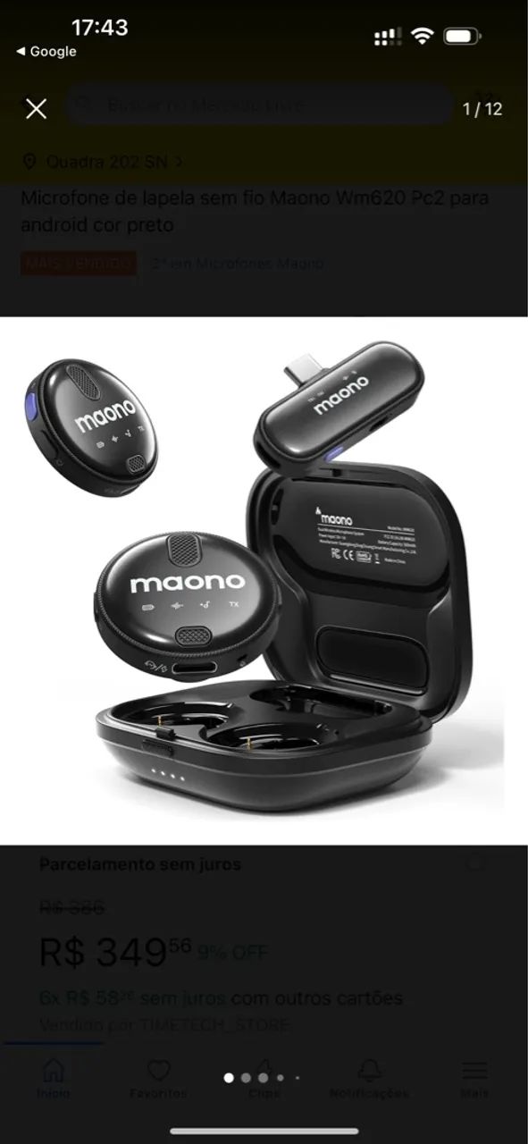 Microfone de lapela sem fio Maono Wm620 tipo-c cor preto