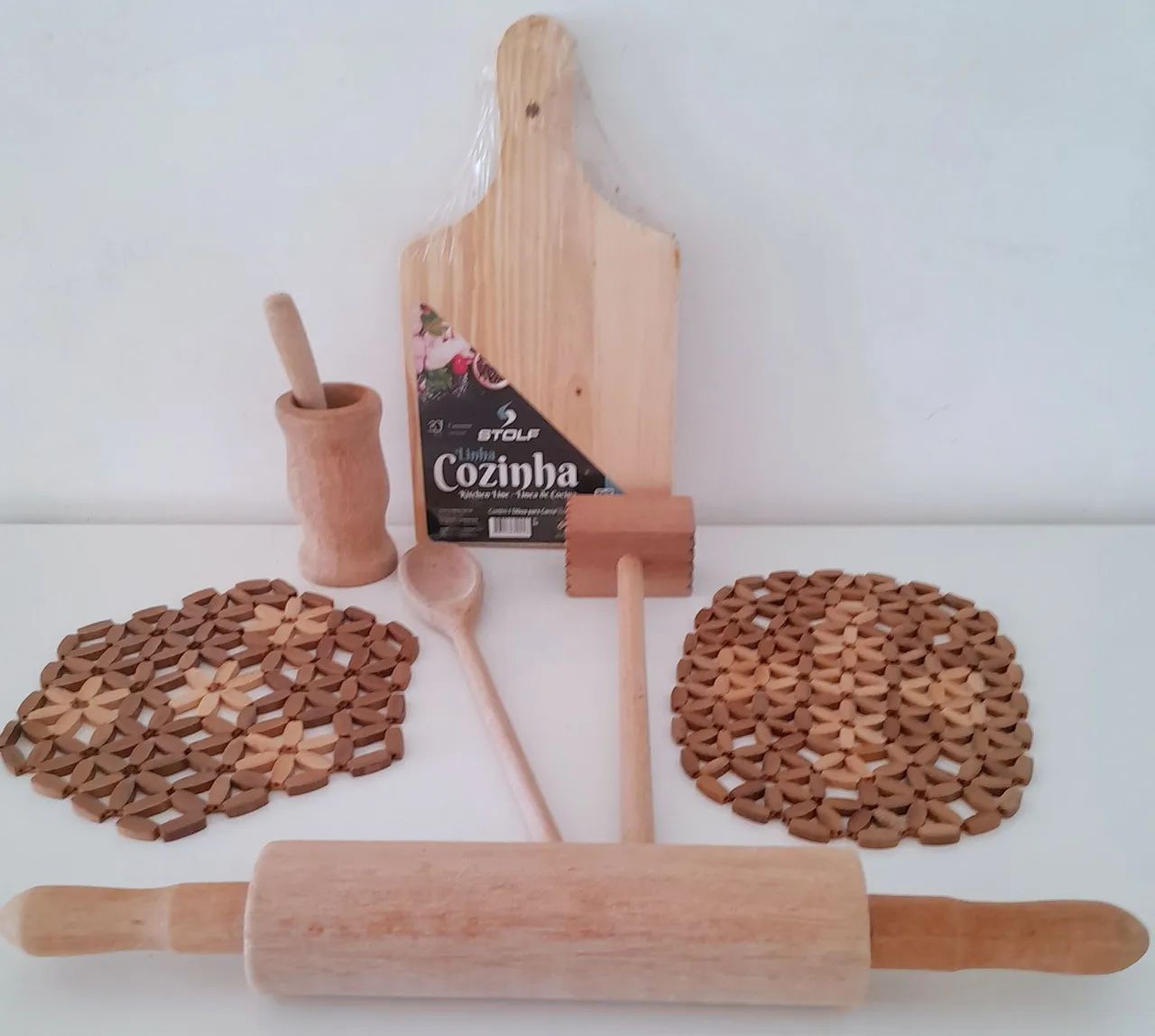 Novos! Jogo Cozinha de Madeira Rústica e Bambu - 07 itens