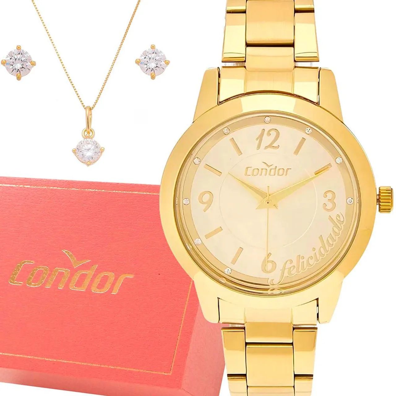 Kit Relógio Condor  + Colar + Brincos - cor ouro dourado - Foto 4