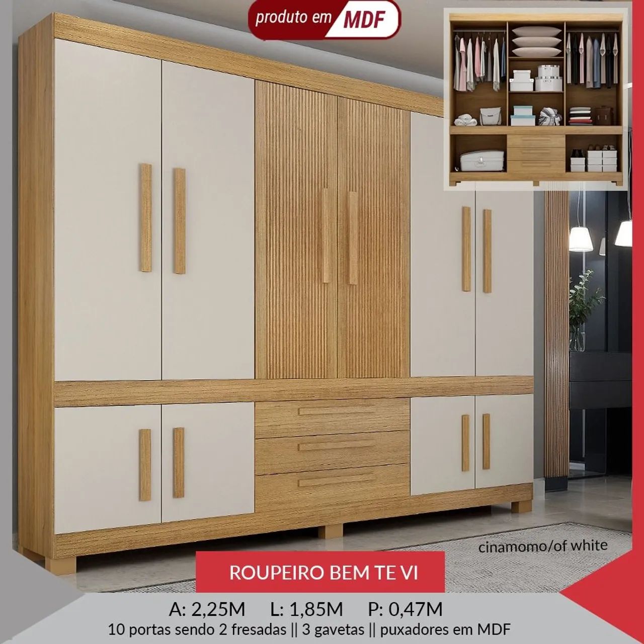Guarda-Roupas de Casal 10 Portas com 3 Gavetas