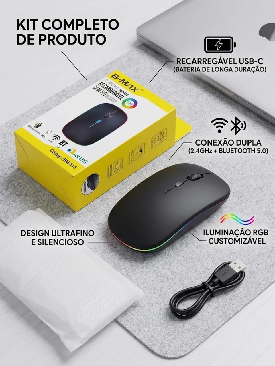 Mouse Sem Fio B-Max BM-615 - Bateria Recarregável e Bluetooth