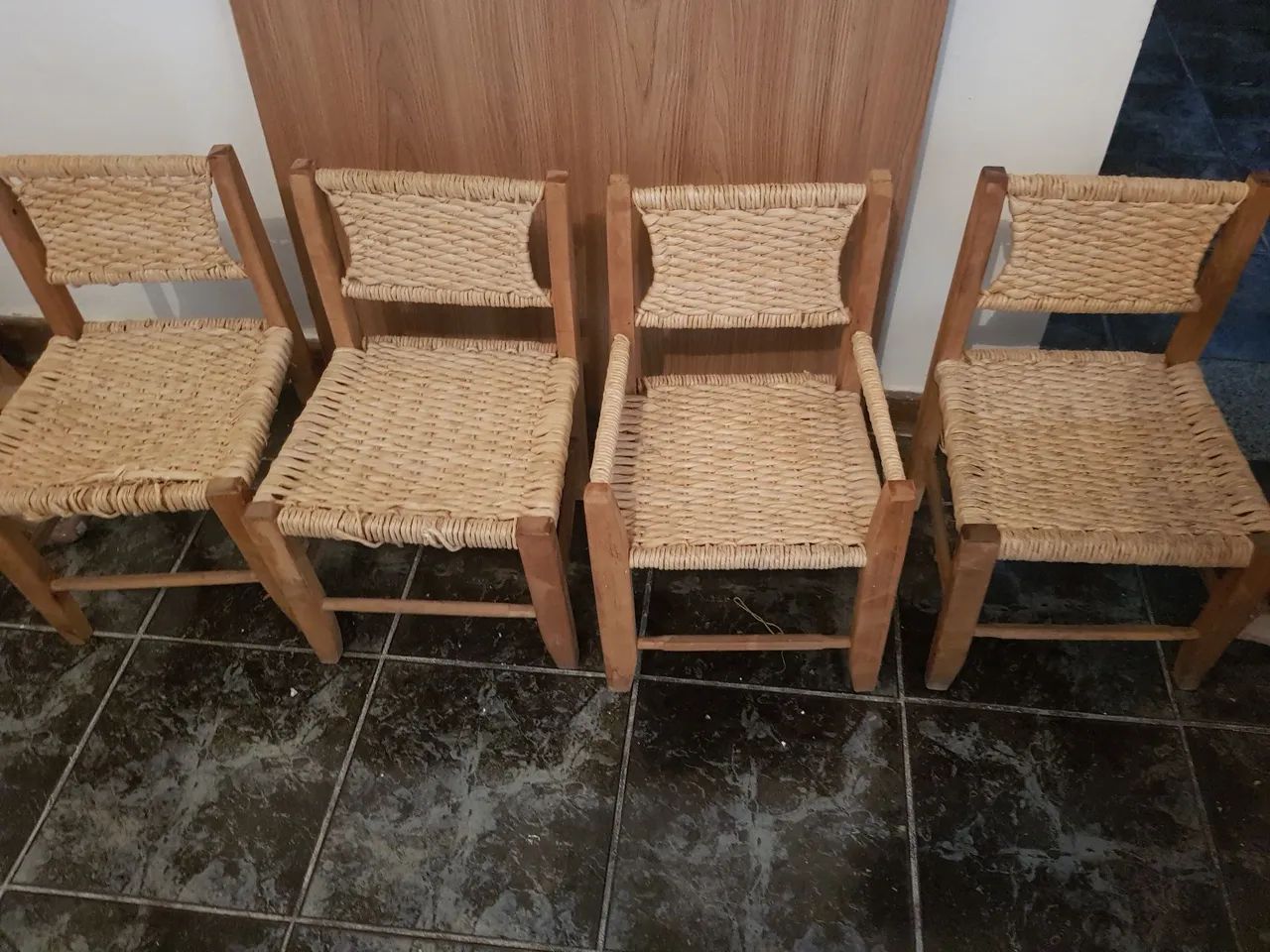Children's chairs: upper part upholstered with straw and made of solid wood.
